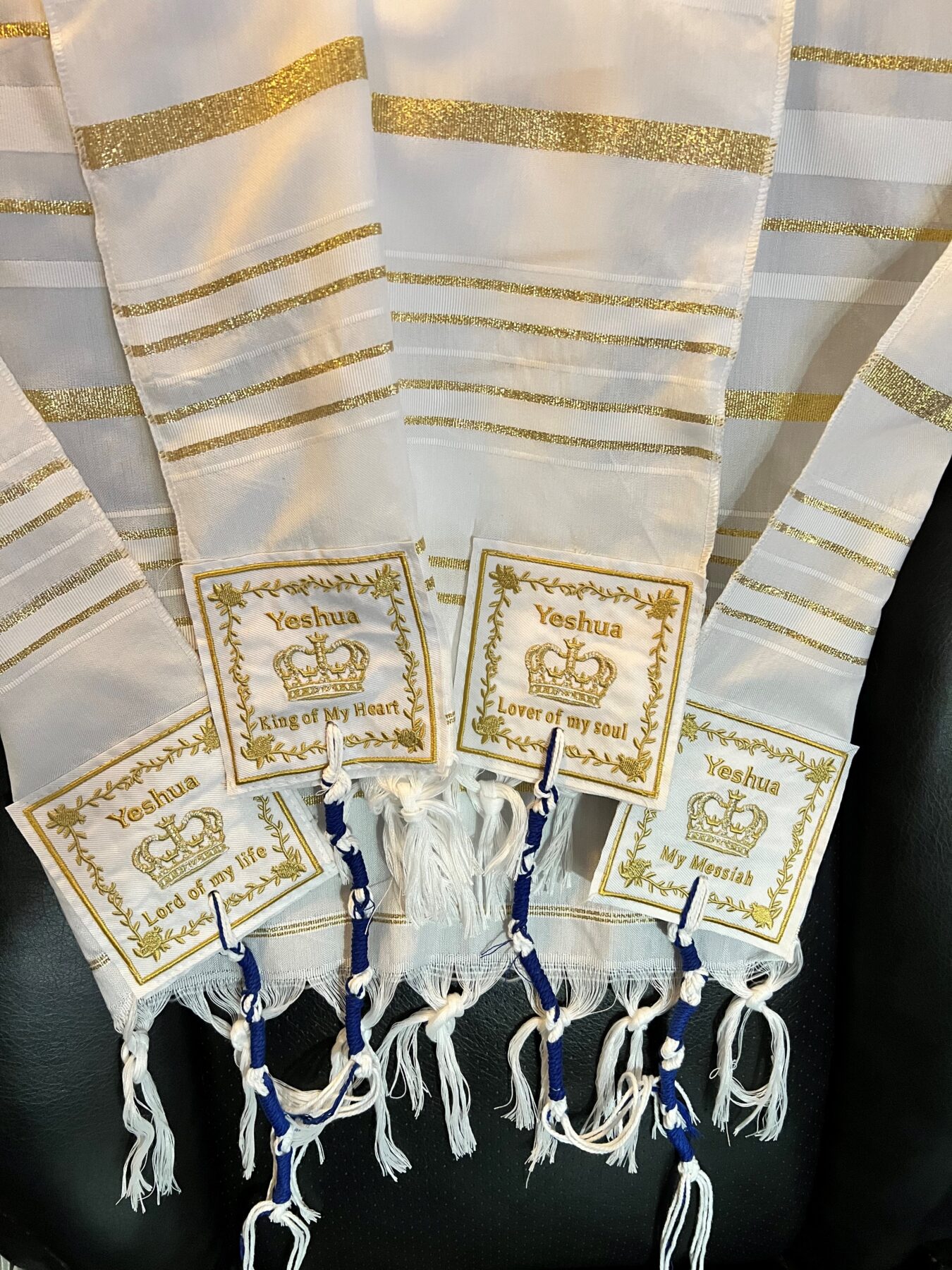 thumbnail image 2 of Shofars From Afar Messianic Tallit Prayer Shawl - White & Gold Yeshua King Of Kings Design 72" X 22" 2 of 14