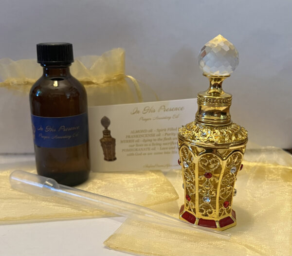 Combo In His Presence Anointing Oil 2 oz Bottle with pipette & Gold Ornate Fancy Bottle 1/2 oz oil