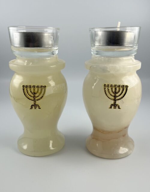 Alabaster Candle holders Set with Menorah emblem and tea lights