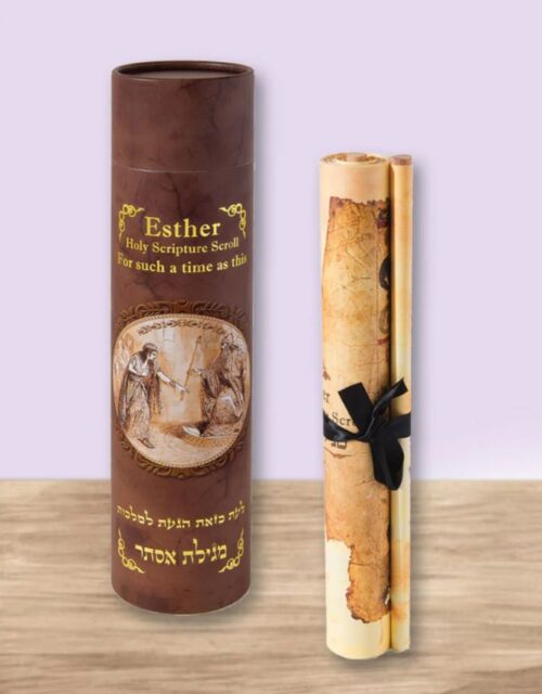 Queen Esther Hadassah Scripture Roll in Hebrew & English  w/ Colorful Scroll Box