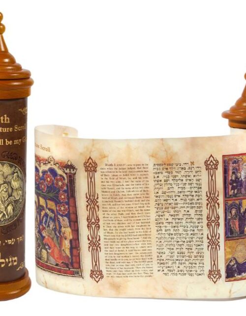 Ruth Scripture Roll Hebrew English w/ Solid wood holder & metal embellishment