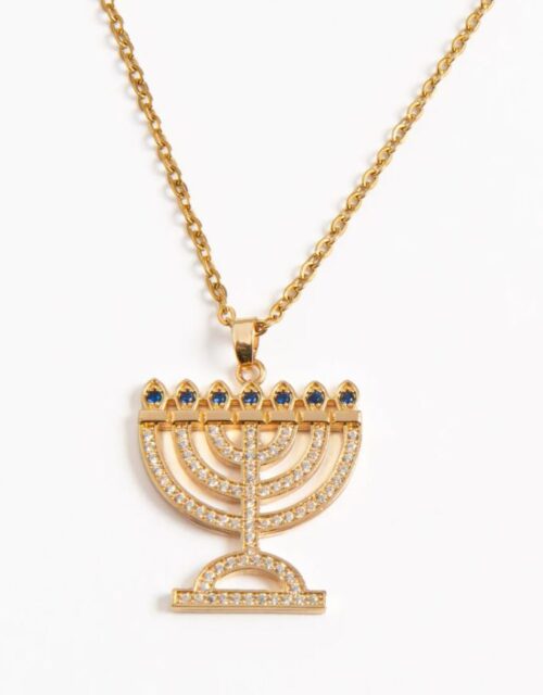 Gold Menorah Necklace w/ Blue and Clear Stones -Chain included