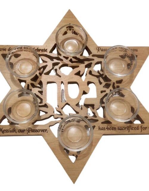 Star of David Passover Wood Seder Plate 14" w/ glass bowls