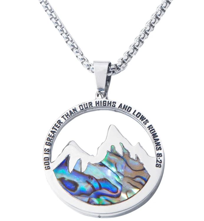 God is Greater Necklace Abalone Mountains Silver Chain included Romans 8:28